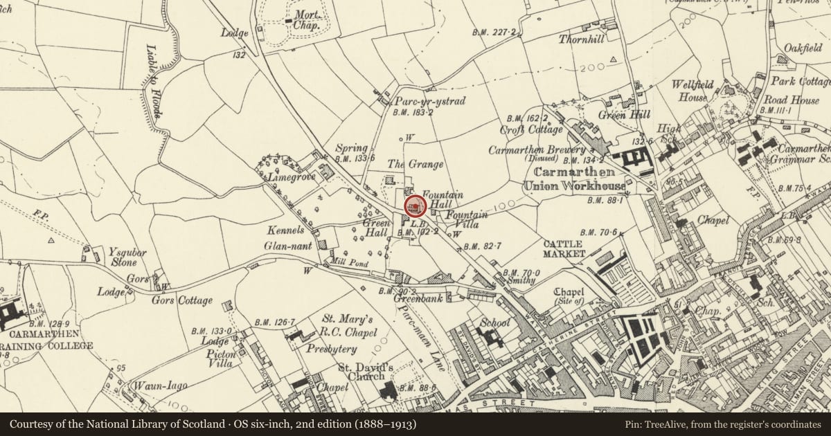 Ordnance Survey six-inch map, 2nd edition (1888–1913) covering the location of Fountain Hall, Carmarthen, Carmarthenshire, with a pin at the register's coordinates
