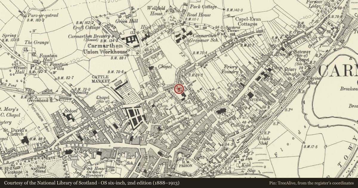 Ordnance Survey six-inch map, 2nd edition (1888–1913) covering the location of Nolton House, Carmarthen, Carmarthenshire, with a pin at the register's coordinates