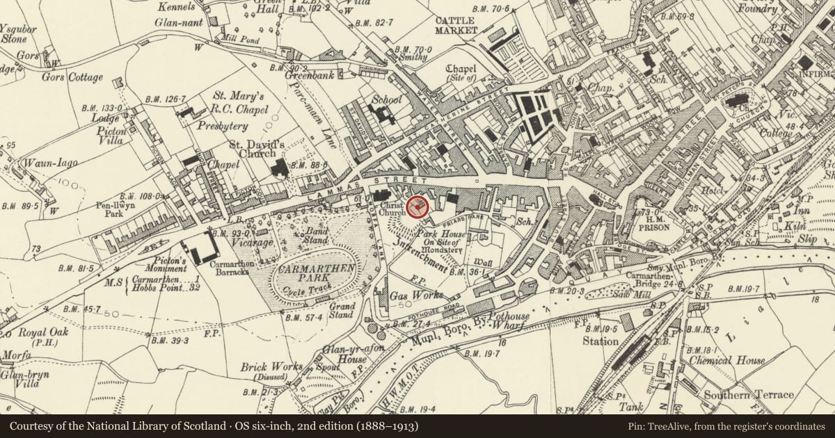 Ordnance Survey six-inch map, 2nd edition (1888–1913) covering the location of No 1 Friar's Row, Carmarthen, Carmarthenshire, with a pin at the register's coordinates