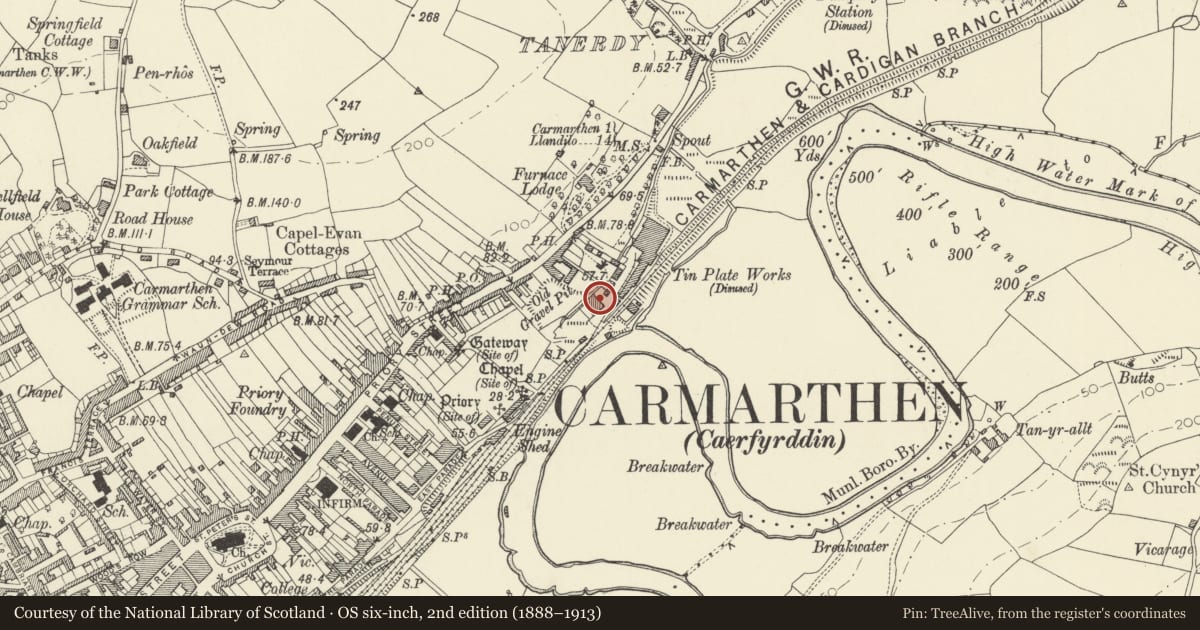 Ordnance Survey six-inch map, 2nd edition (1888–1913) covering the location of Former Blast Furnace and attached building, Carmarthen, Carmarthenshire, with a pin at the register's coordinates