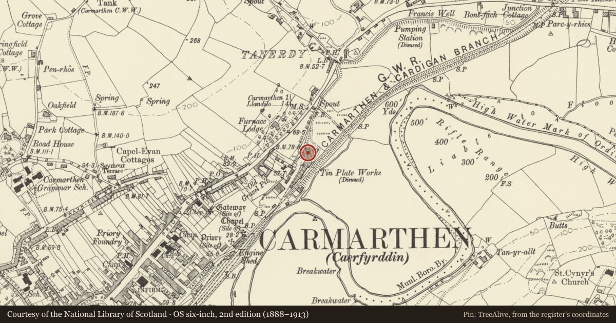 Ordnance Survey six-inch map, 2nd edition (1888–1913) covering the location of Former Upper Tin Mills, Carmarthen, Carmarthenshire, with a pin at the register's coordinates