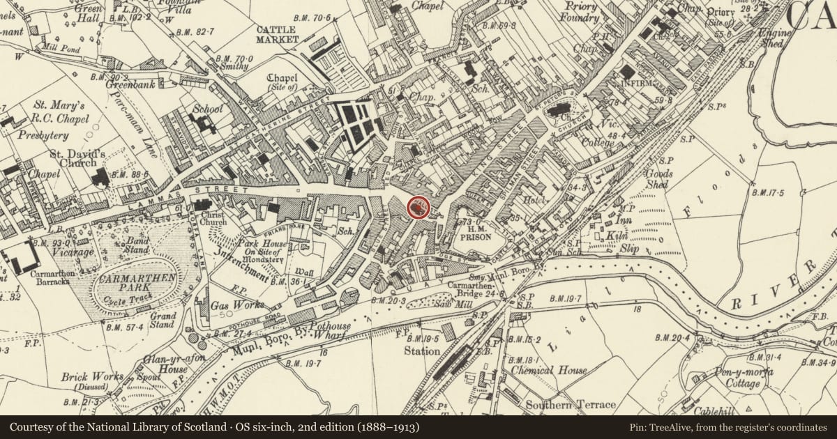 Ordnance Survey six-inch map, 2nd edition (1888–1913) covering the location of The Guildhall, Carmarthen, Carmarthenshire, with a pin at the register's coordinates