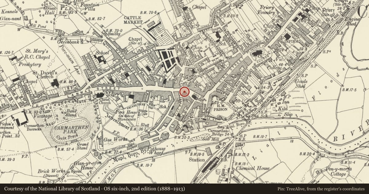 Ordnance Survey six-inch map, 2nd edition (1888–1913) covering the location of 11 Guildhall Square, Carmarthen, Carmarthenshire, with a pin at the register's coordinates