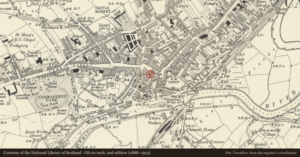 Ordnance Survey six-inch map, 2nd edition (1888–1913) covering the location of 17 Guildhall Square, Carmarthen, Carmarthenshire, with a pin at the register's coordinates