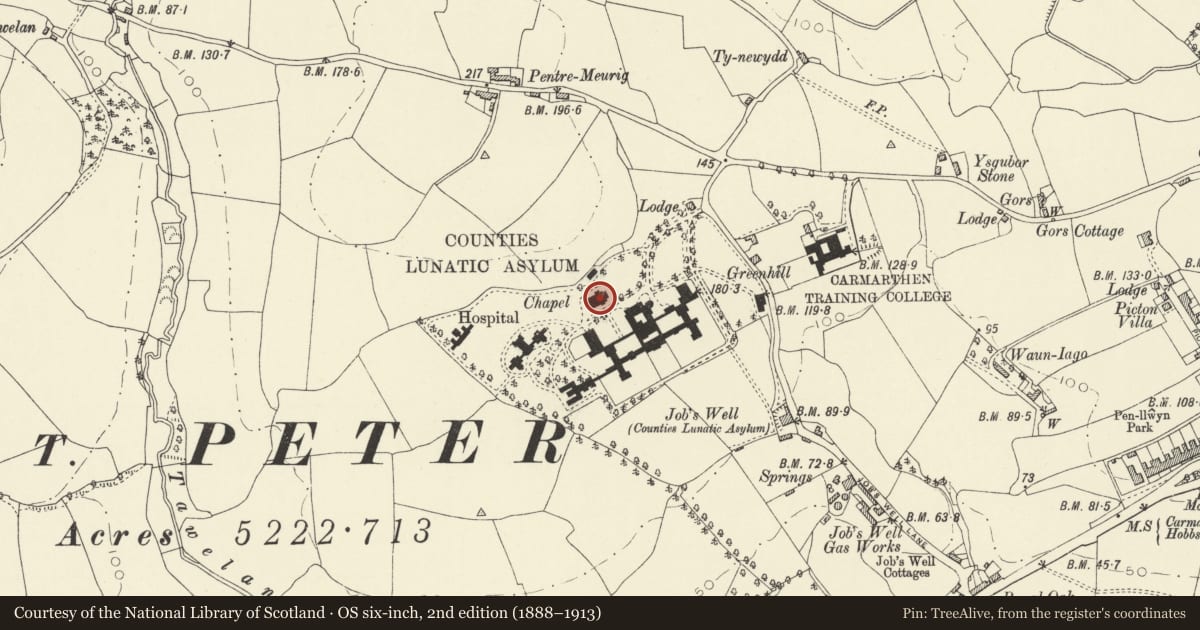 Ordnance Survey six-inch map, 2nd edition (1888–1913) covering the location of Chapel at St David's Hospital, Carmarthen, Carmarthenshire, with a pin at the register's coordinates