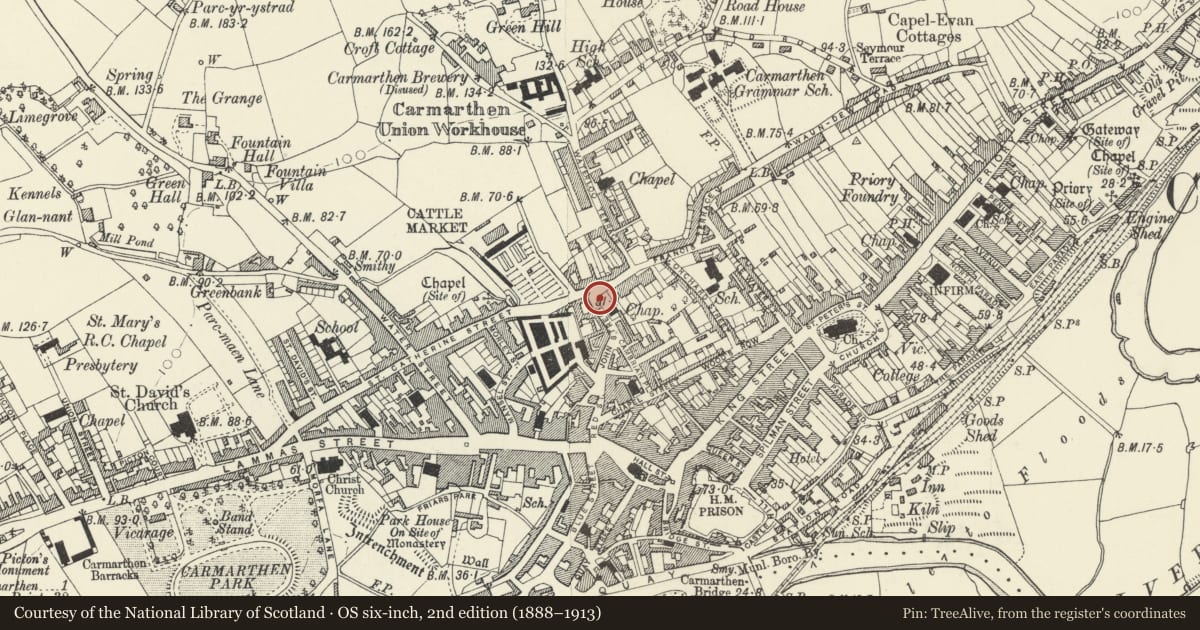 Ordnance Survey six-inch map, 2nd edition (1888–1913) covering the location of Railings and gate to former Ebenezer Chapel burial ground, Carmarthen, Carmarthenshire, with a pin at the register's coordinates
