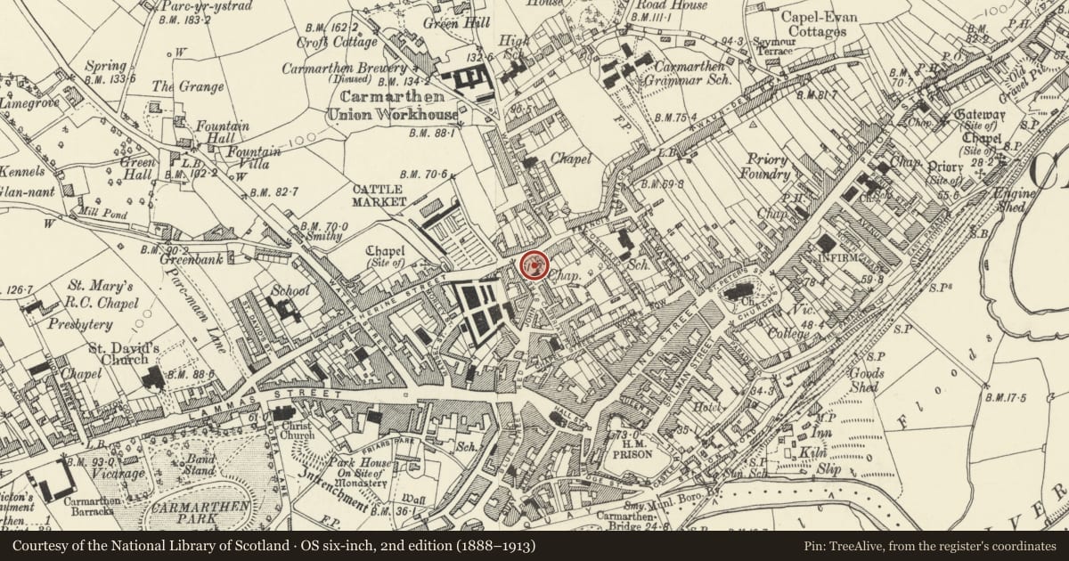 Ordnance Survey six-inch map, 2nd edition (1888–1913) covering the location of Tomb (a) and railings in the burial ground of the former Ebenezer Chapel, Carmarthen, Carmarthenshire, with a pin at the register's coordinates