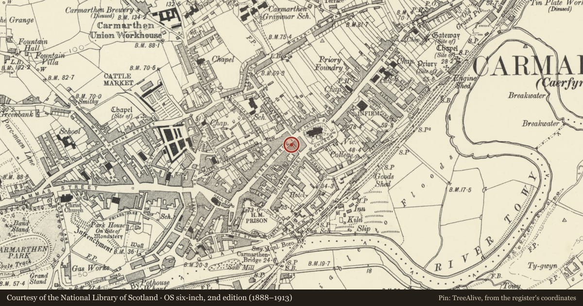 Ordnance Survey six-inch map, 2nd edition (1888–1913) covering the location of 24 King Street, Carmarthen, Carmarthenshire, with a pin at the register's coordinates