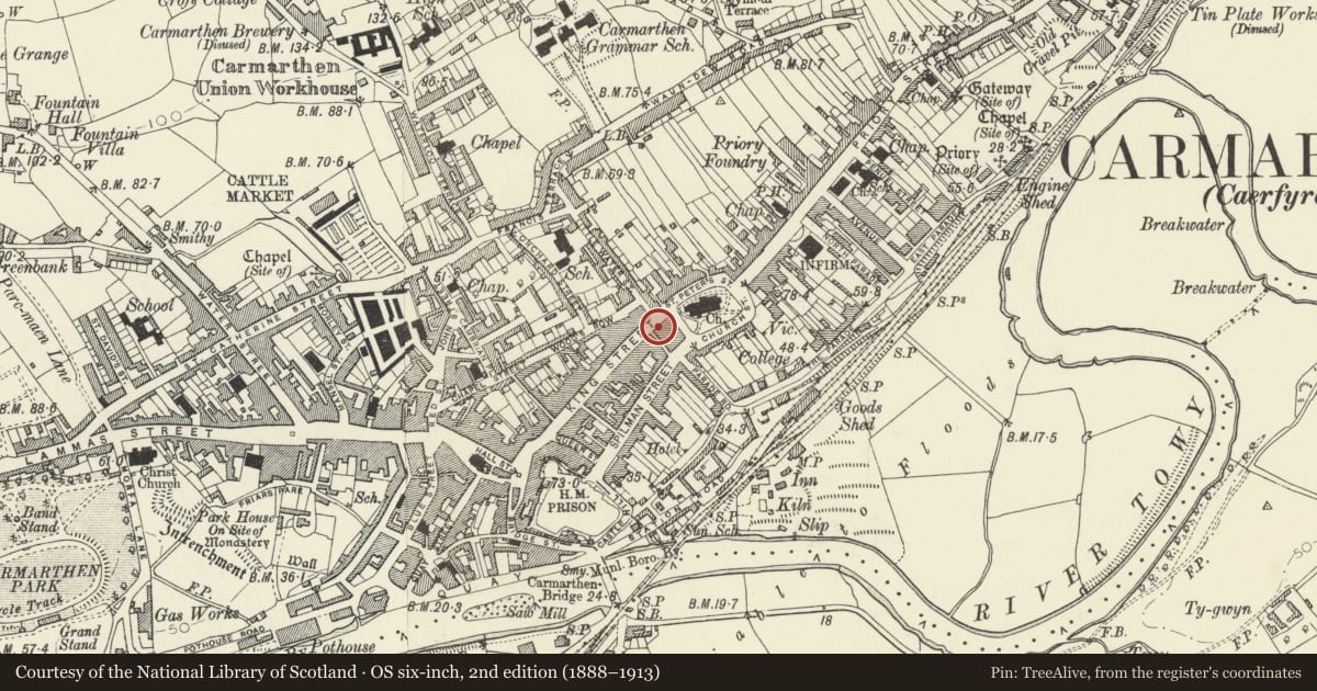 Ordnance Survey six-inch map, 2nd edition (1888–1913) covering the location of No 25, including No 3 Conduit Lane, Carmarthen, Carmarthenshire, with a pin at the register's coordinates