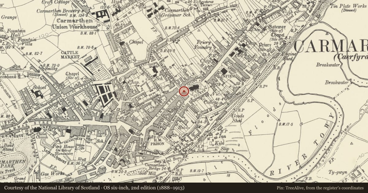 Ordnance Survey six-inch map, 2nd edition (1888–1913) covering the location of 28 King Street, Carmarthen, Carmarthenshire, with a pin at the register's coordinates