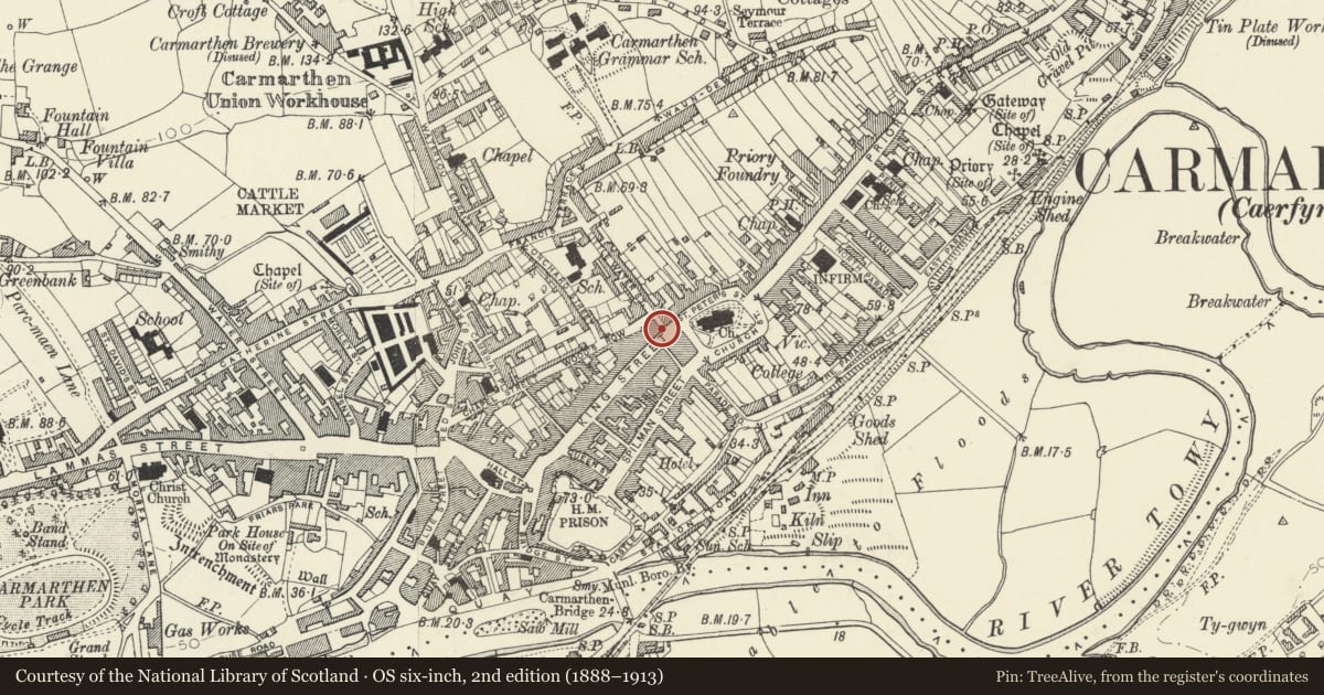 Ordnance Survey six-inch map, 2nd edition (1888–1913) covering the location of 32 King Street, Carmarthen, Carmarthenshire, with a pin at the register's coordinates