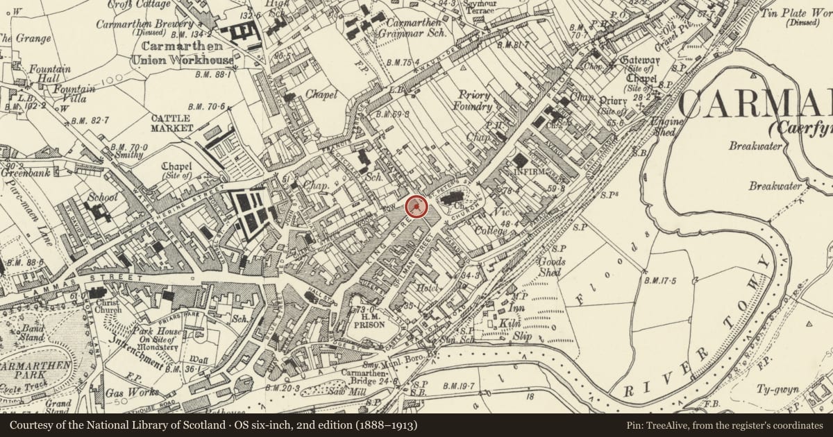 Ordnance Survey six-inch map, 2nd edition (1888–1913) covering the location of 33 King Street, Carmarthen, Carmarthenshire, with a pin at the register's coordinates