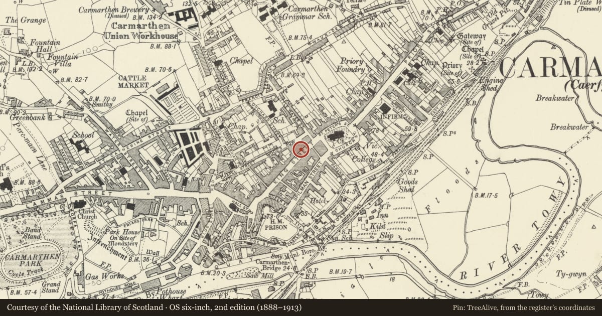 Ordnance Survey six-inch map, 2nd edition (1888–1913) covering the location of 37-8 King Street, Carmarthen, Carmarthenshire, with a pin at the register's coordinates