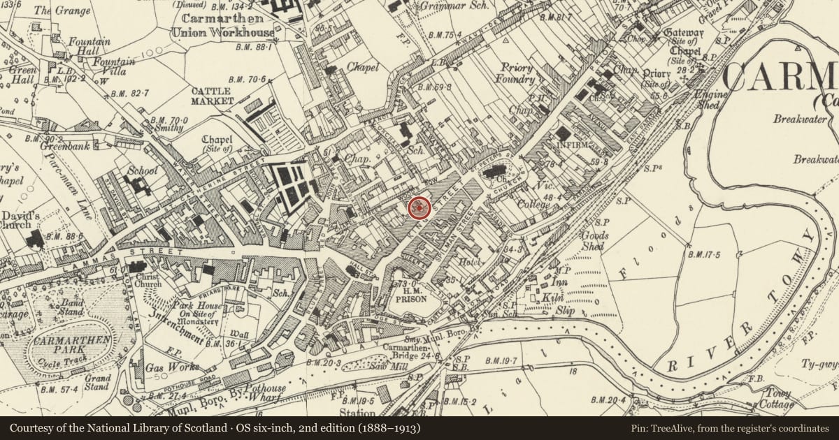 Ordnance Survey six-inch map, 2nd edition (1888–1913) covering the location of 46 King Street, Carmarthen, Carmarthenshire, with a pin at the register's coordinates