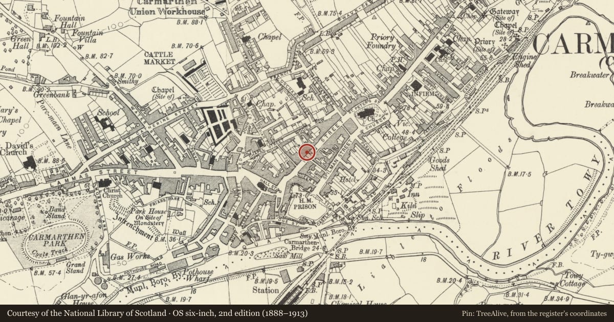 Ordnance Survey six-inch map, 2nd edition (1888–1913) covering the location of No 51 including near-detached rear wing, Carmarthen, Carmarthenshire, with a pin at the register's coordinates