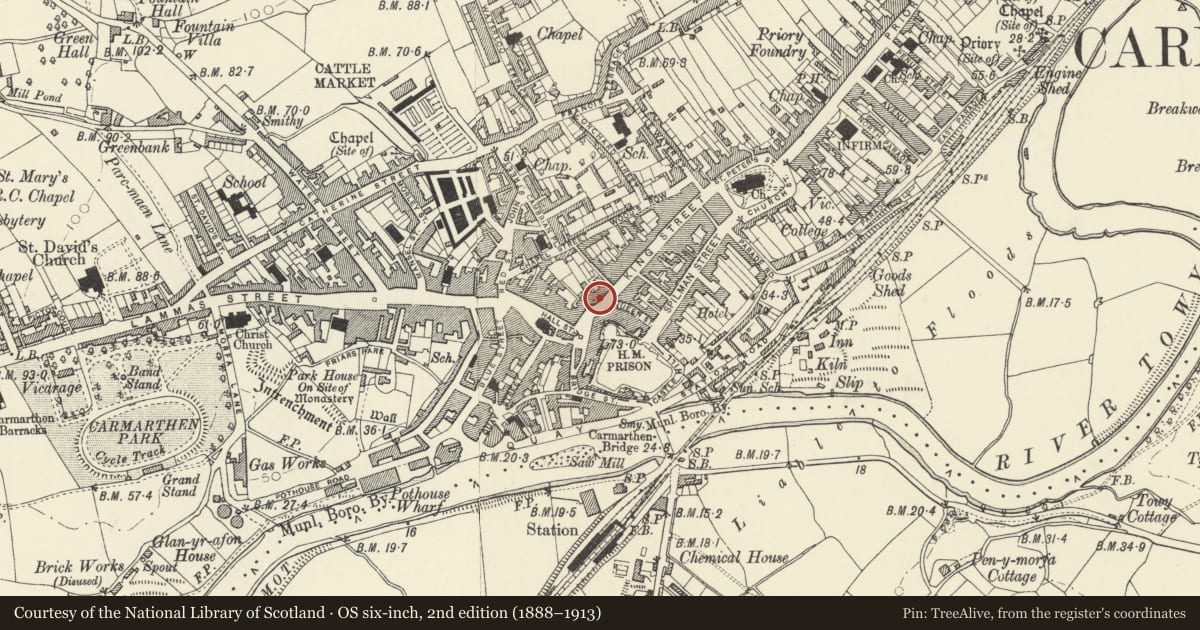 Ordnance Survey six-inch map, 2nd edition (1888–1913) covering the location of 60 King Street, Carmarthen, Carmarthenshire, with a pin at the register's coordinates