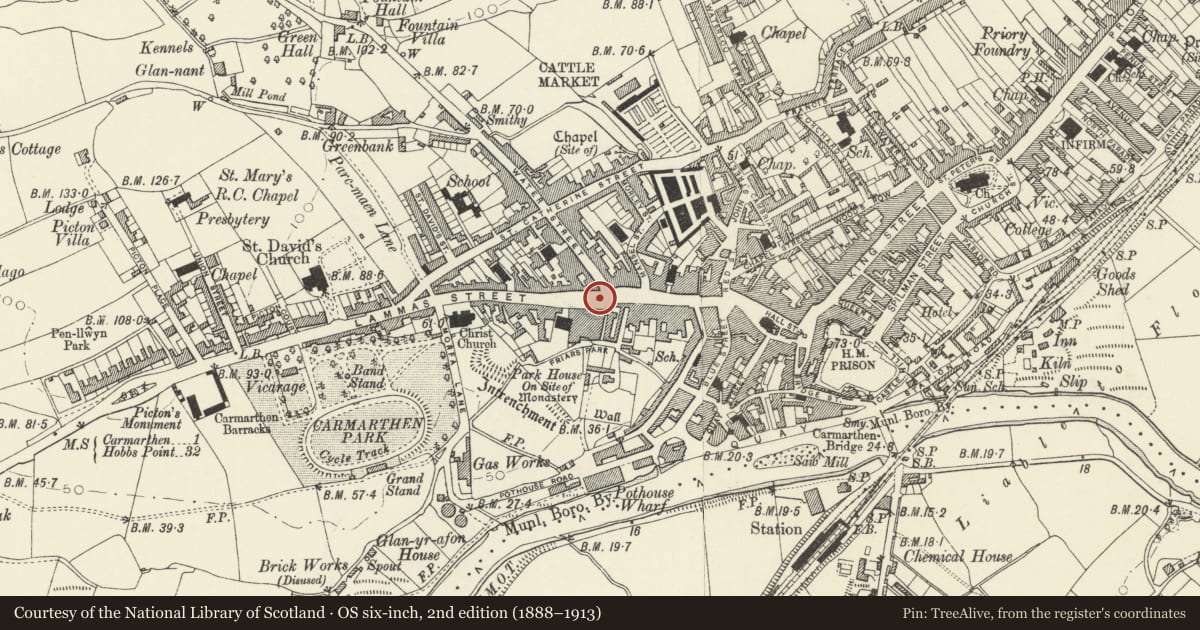 Ordnance Survey six-inch map, 2nd edition (1888–1913) covering the location of Royal Welch Fusiliers Monuments and railings, Carmarthen, Carmarthenshire, with a pin at the register's coordinates