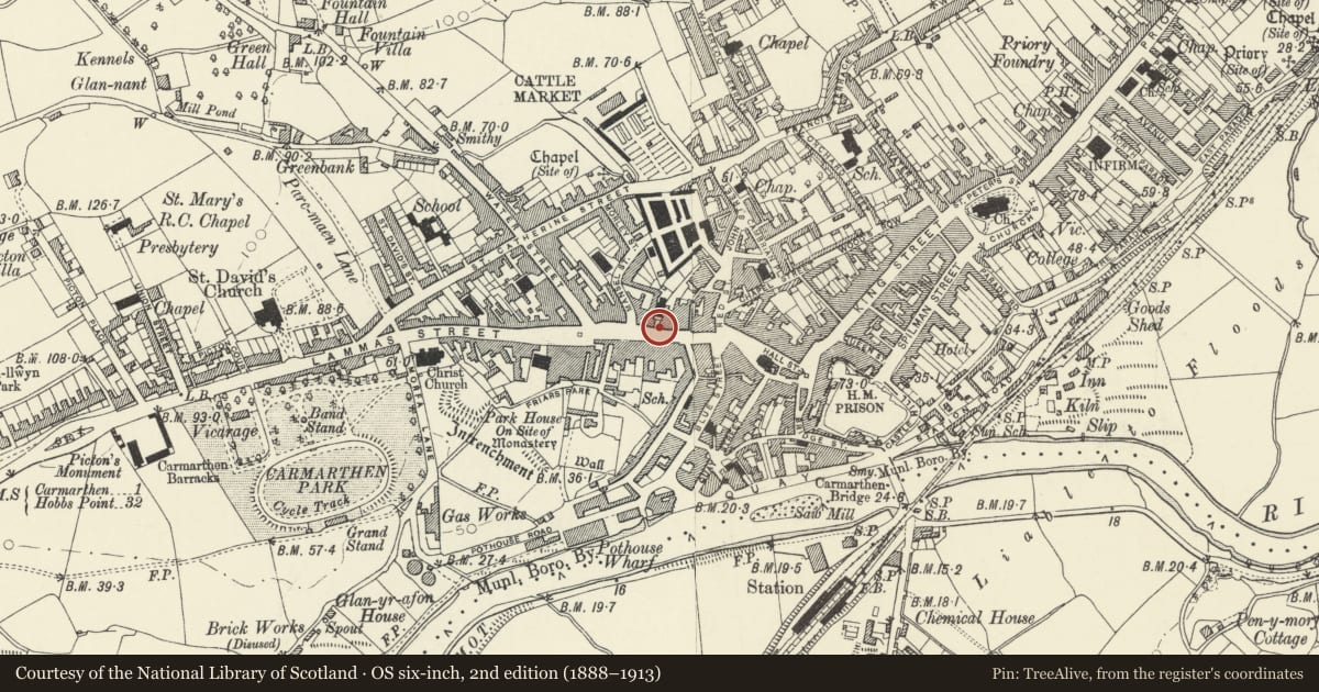 Ordnance Survey six-inch map, 2nd edition (1888–1913) covering the location of 7 Lammas Street, Carmarthen, Carmarthenshire, with a pin at the register's coordinates
