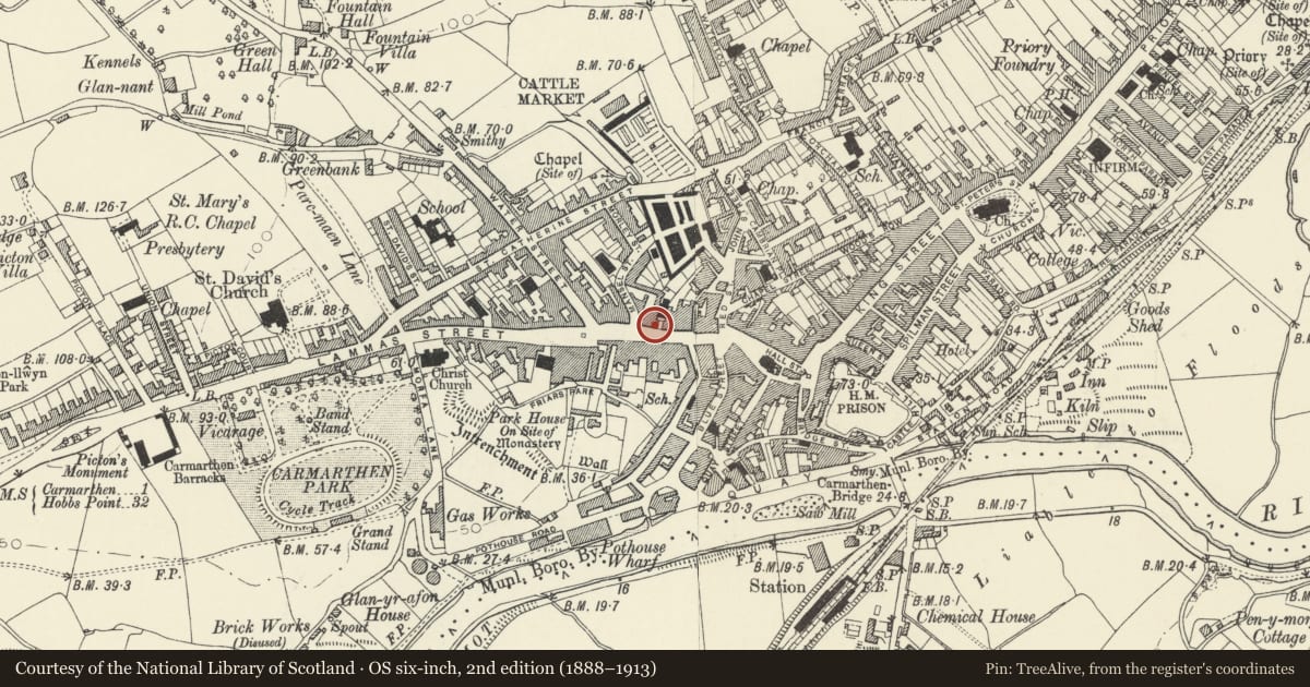 Ordnance Survey six-inch map, 2nd edition (1888–1913) covering the location of 8 Lammas Street, Carmarthen, Carmarthenshire, with a pin at the register's coordinates