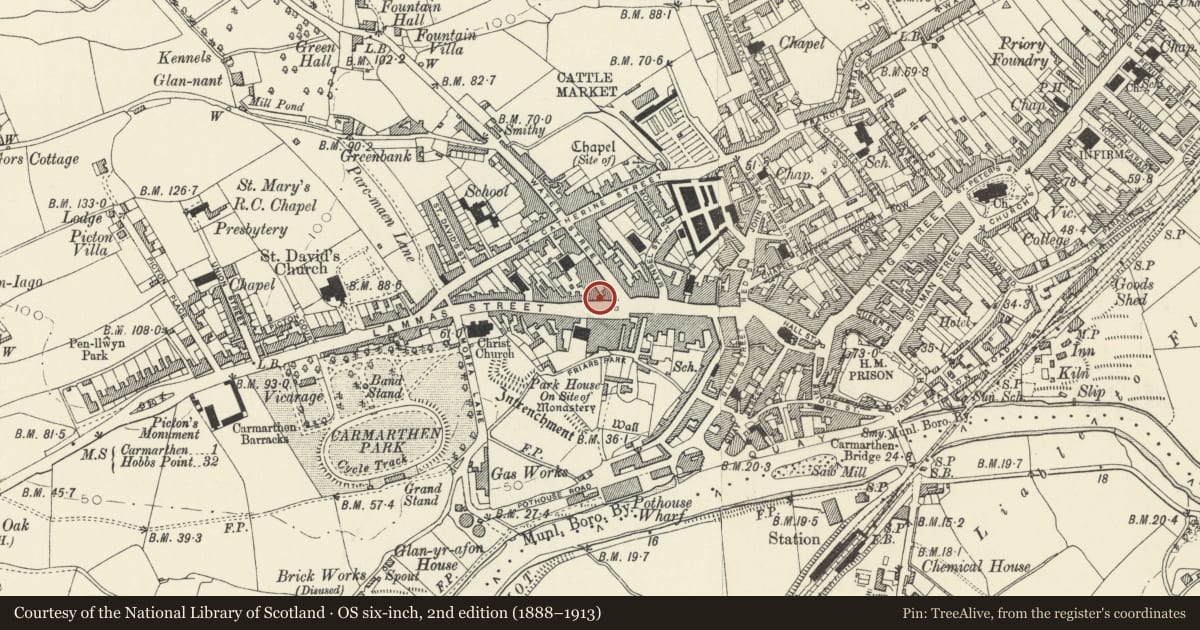 Ordnance Survey six-inch map, 2nd edition (1888–1913) covering the location of Waverly House, Carmarthen, Carmarthenshire, with a pin at the register's coordinates