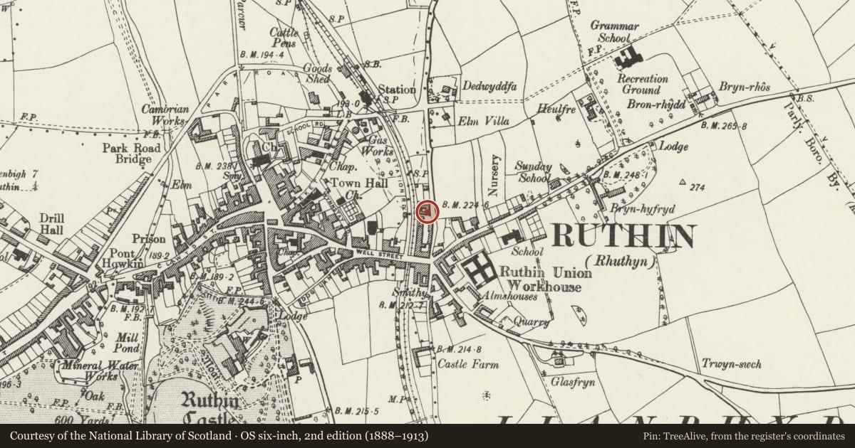 Ordnance Survey six-inch map, 2nd edition (1888–1913) covering the location of Orville House, Ruthin, Denbighshire, with a pin at the register's coordinates