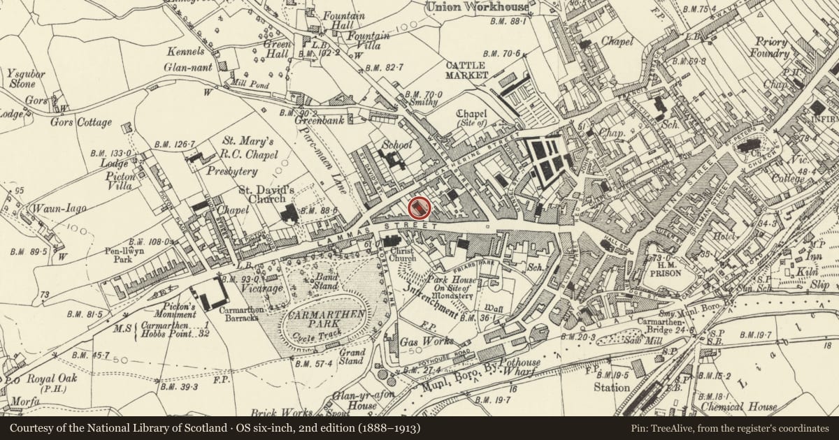 Ordnance Survey six-inch map, 2nd edition (1888–1913) covering the location of English Congregational Church, Carmarthen, Carmarthenshire, with a pin at the register's coordinates