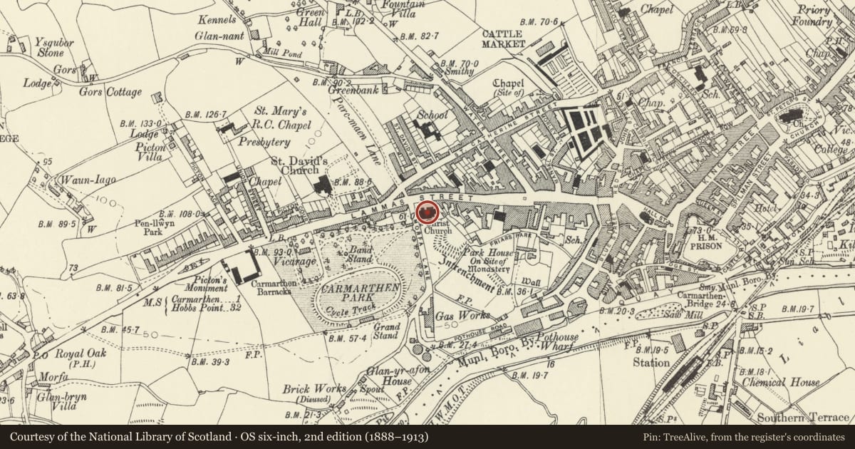 Ordnance Survey six-inch map, 2nd edition (1888–1913) covering the location of Christ Church, Carmarthen, Carmarthenshire, with a pin at the register's coordinates