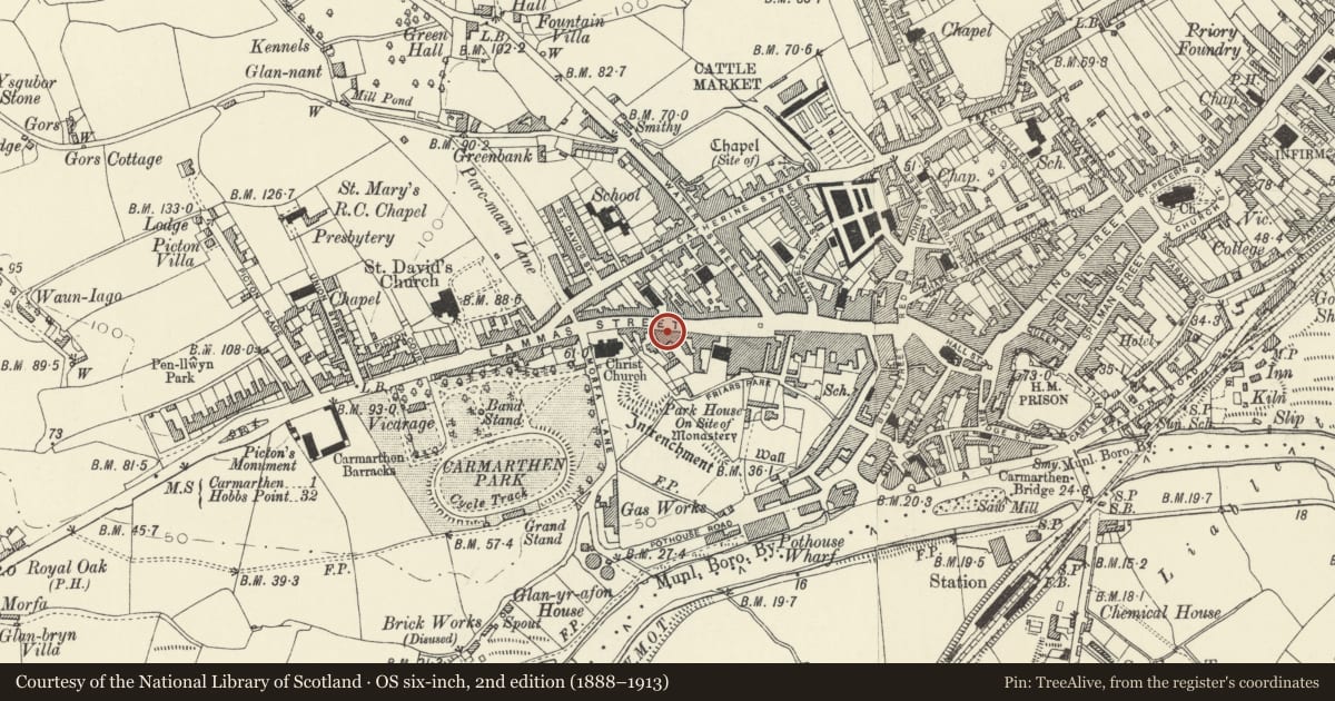 Ordnance Survey six-inch map, 2nd edition (1888–1913) covering the location of 96 Lammas Street, Carmarthen, Carmarthenshire, with a pin at the register's coordinates