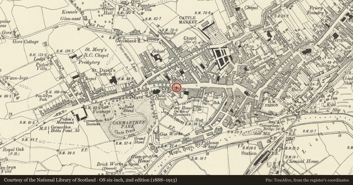 Ordnance Survey six-inch map, 2nd edition (1888–1913) covering the location of Arcade House, Carmarthen, Carmarthenshire, with a pin at the register's coordinates