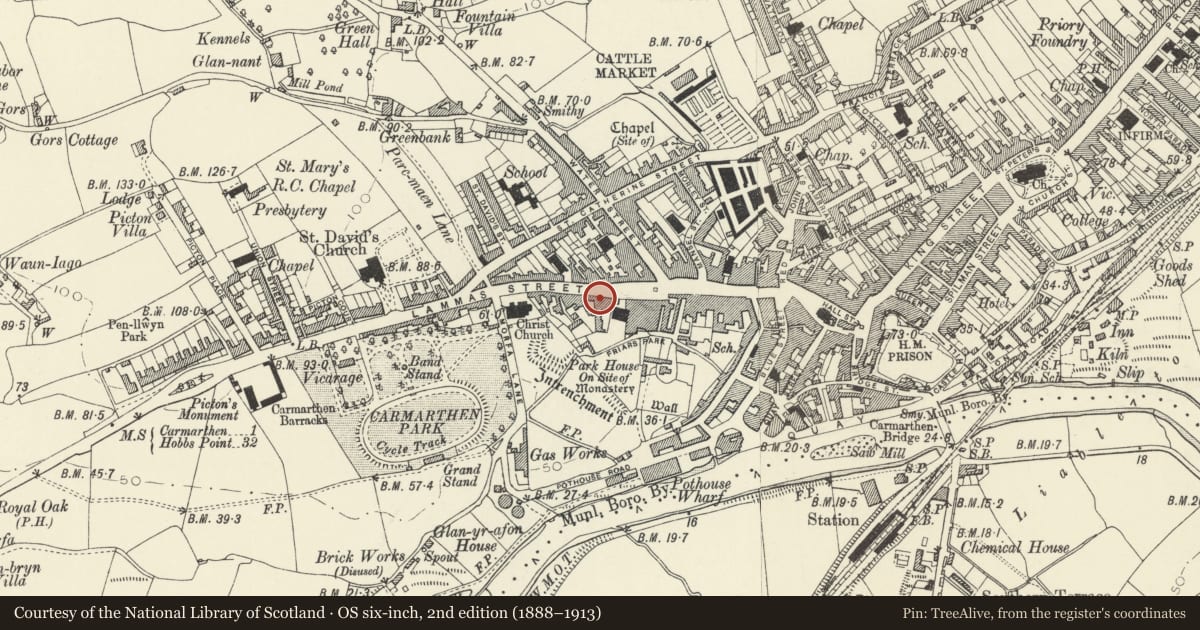Ordnance Survey six-inch map, 2nd edition (1888–1913) covering the location of The Golden Lion, Carmarthen, Carmarthenshire, with a pin at the register's coordinates