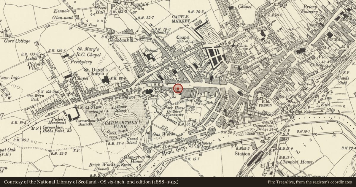 Ordnance Survey six-inch map, 2nd edition (1888–1913) covering the location of 105 Lammas Street, Carmarthen, Carmarthenshire, with a pin at the register's coordinates