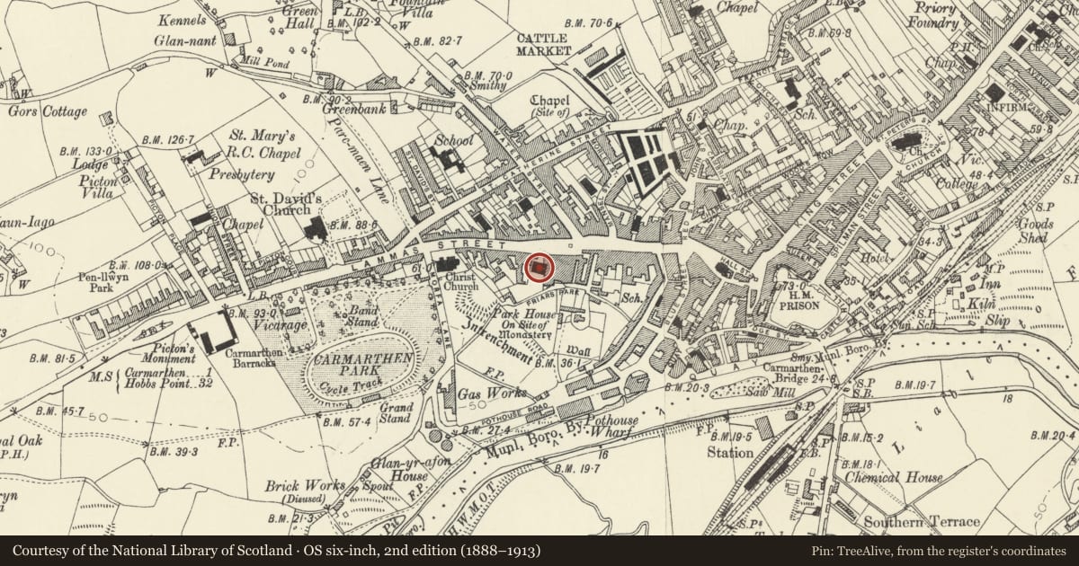 Ordnance Survey six-inch map, 2nd edition (1888–1913) covering the location of Capel Heol Awst, Carmarthen, Carmarthenshire, with a pin at the register's coordinates