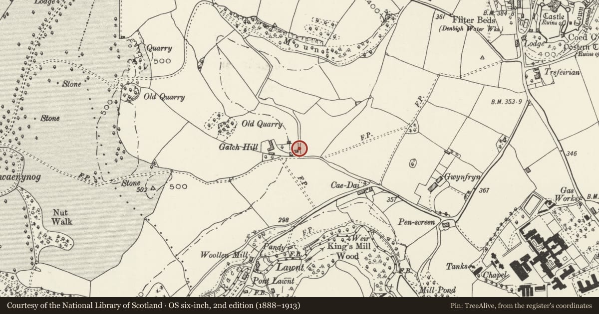 Ordnance Survey six-inch map, 2nd edition (1888–1913) covering the location of Galch Hill, Denbigh, Denbighshire, with a pin at the register's coordinates