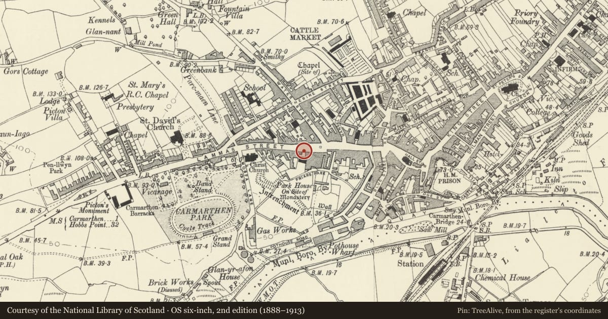Ordnance Survey six-inch map, 2nd edition (1888–1913) covering the location of Railings, gates and gatepiers to Capel Heol Awst and Sunday School, Carmarthen, Carmarthenshire, with a pin at the register's coordinates
