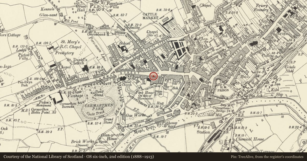 Ordnance Survey six-inch map, 2nd edition (1888–1913) covering the location of The Drovers Arms, Carmarthen, Carmarthenshire, with a pin at the register's coordinates