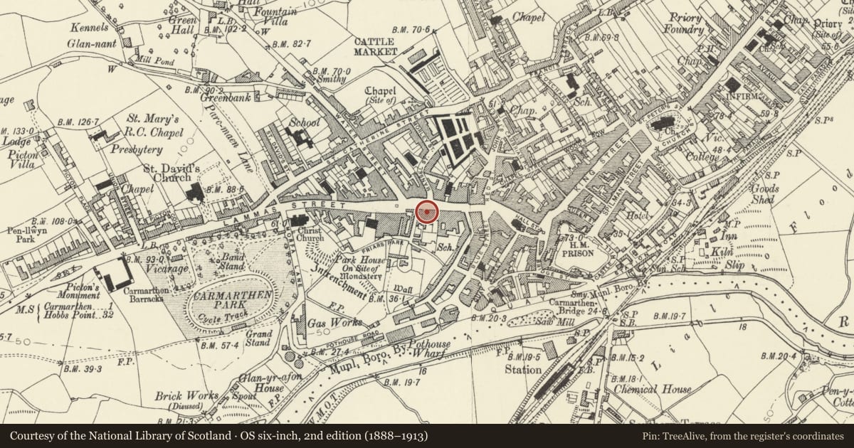 Ordnance Survey six-inch map, 2nd edition (1888–1913) covering the location of The Rose and Crown Hotel, Carmarthen, Carmarthenshire, with a pin at the register's coordinates