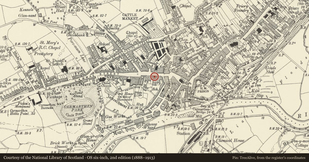 Ordnance Survey six-inch map, 2nd edition (1888–1913) covering the location of Boar's Head Hotel, Carmarthen, Carmarthenshire, with a pin at the register's coordinates