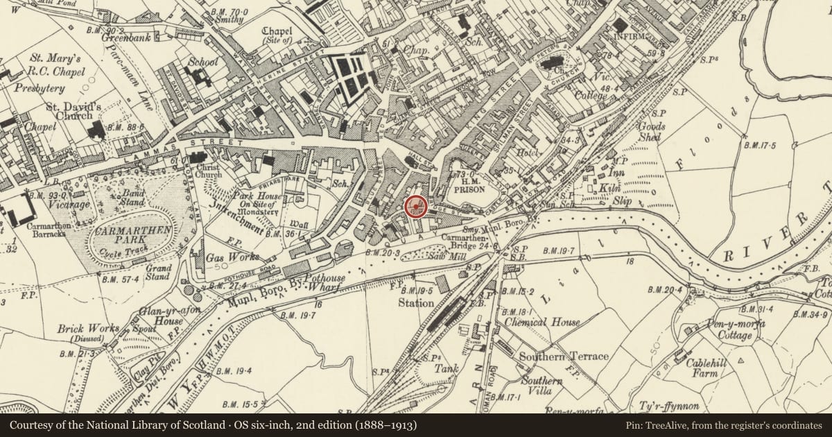 Ordnance Survey six-inch map, 2nd edition (1888–1913) covering the location of Section of Medieval Town Wall, Carmarthen, Carmarthenshire, with a pin at the register's coordinates