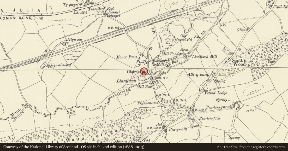 Ordnance Survey six-inch map, 2nd edition (1888–1913) covering the location of Church of St Mary, Carmarthen, Carmarthenshire, with a pin at the register's coordinates