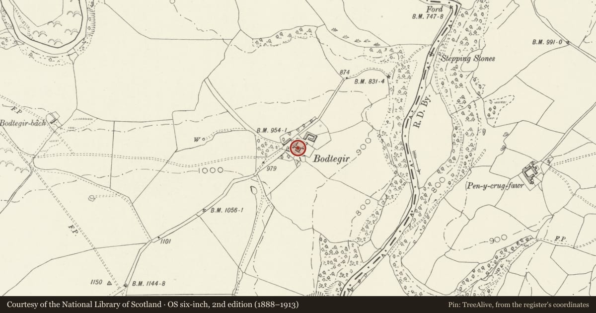 Ordnance Survey six-inch map, 2nd edition (1888–1913) covering the location of Bodtegir Old Farmhouse, Llanfihangel Glyn Myfyr, Conwy, with a pin at the register's coordinates