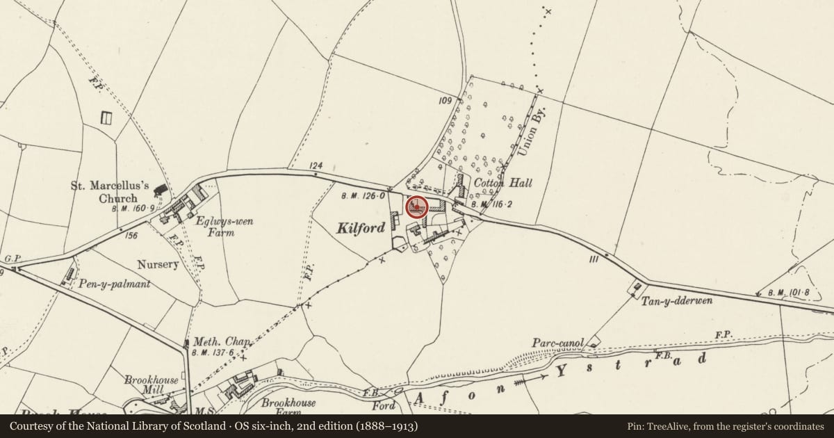 Ordnance Survey six-inch map, 2nd edition (1888–1913) covering the location of Barn at Kilford Farm, Denbigh, Denbighshire, with a pin at the register's coordinates