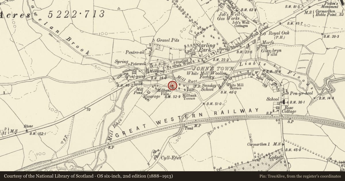 Ordnance Survey six-inch map, 2nd edition (1888–1913) covering the location of Millbank Hall, Carmarthen, Carmarthenshire, with a pin at the register's coordinates