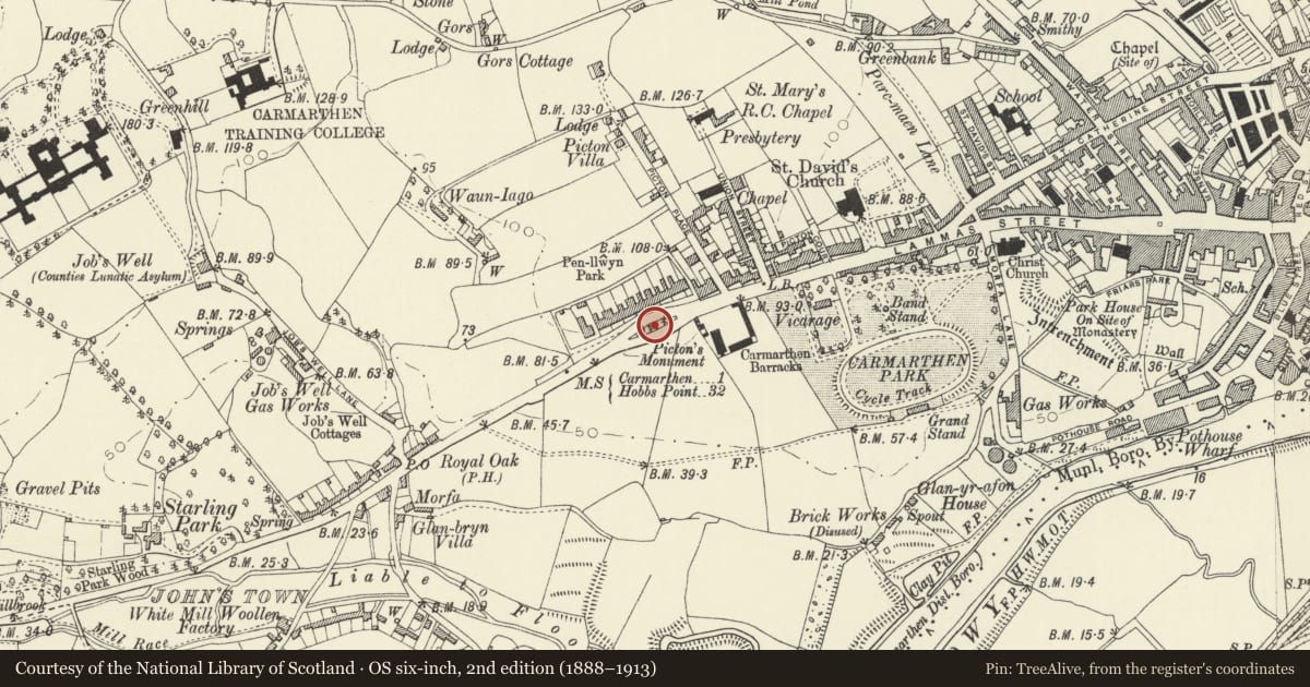 Ordnance Survey six-inch map, 2nd edition (1888–1913) covering the location of The Picton Monument, Carmarthen, Carmarthenshire, with a pin at the register's coordinates