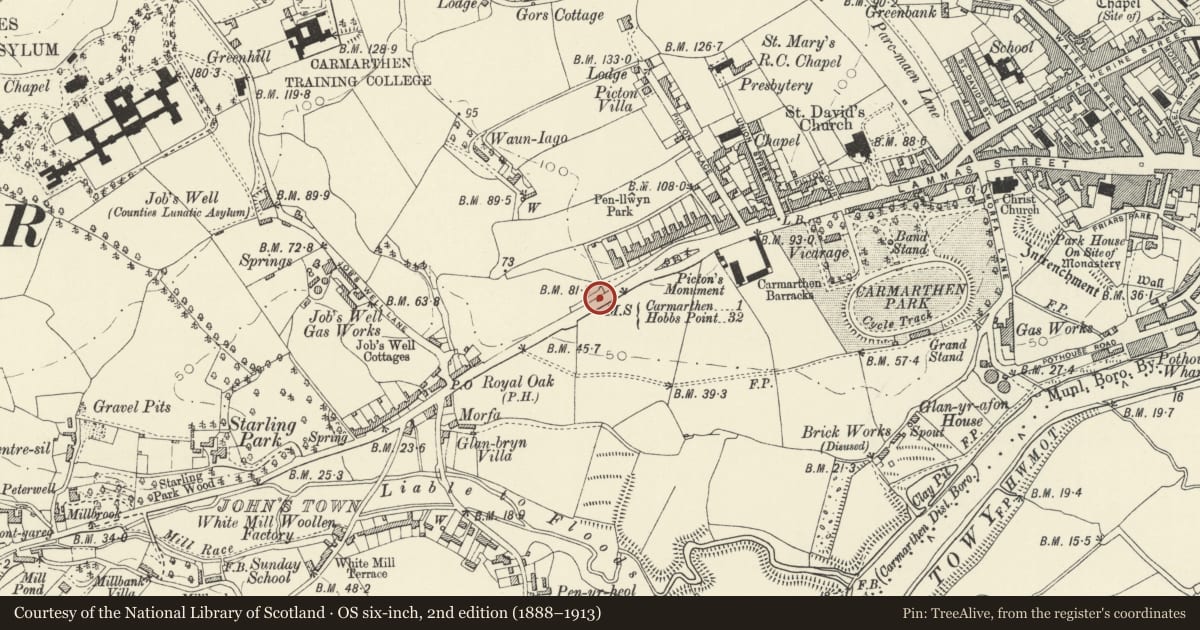 Ordnance Survey six-inch map, 2nd edition (1888–1913) covering the location of Milestone, Carmarthen, Carmarthenshire, with a pin at the register's coordinates