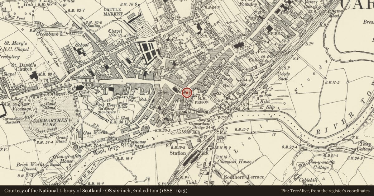 Ordnance Survey six-inch map, 2nd edition (1888–1913) covering the location of General Nott Monument and railings, Carmarthen, Carmarthenshire, with a pin at the register's coordinates