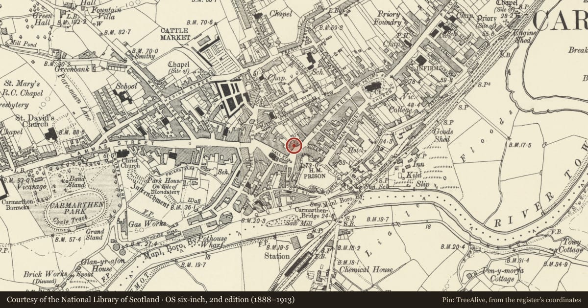 Ordnance Survey six-inch map, 2nd edition (1888–1913) covering the location of St Peter's Civic Hall, Carmarthen, Carmarthenshire, with a pin at the register's coordinates
