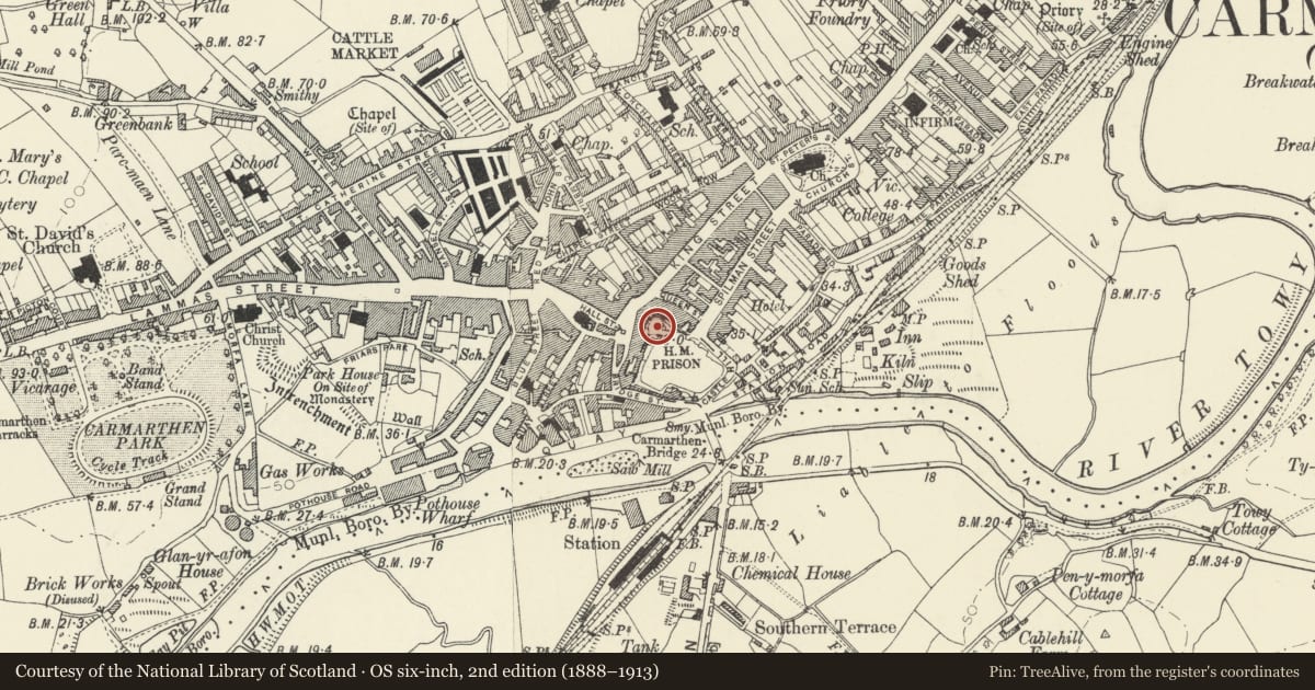 Ordnance Survey six-inch map, 2nd edition (1888–1913) covering the location of Carmarthen Castle, Carmarthenshire, with a pin at the register's coordinates