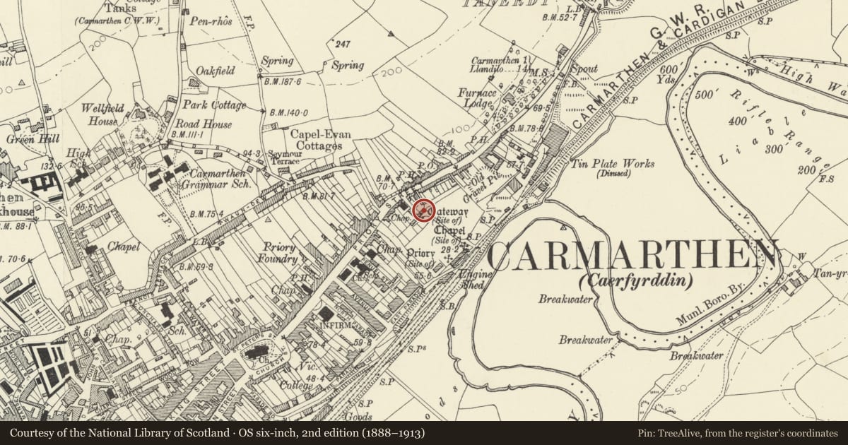 Ordnance Survey six-inch map, 2nd edition (1888–1913) covering the location of 6 Old Priory Road, Carmarthen, Carmarthenshire, with a pin at the register's coordinates