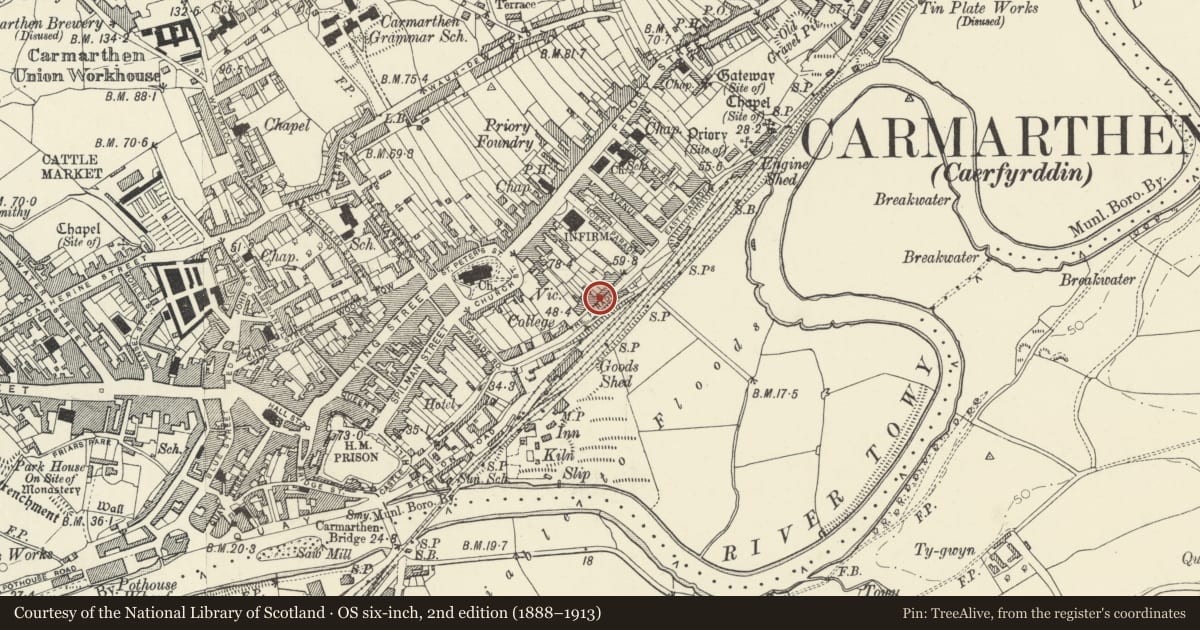 Ordnance Survey six-inch map, 2nd edition (1888–1913) covering the location of No 6 including railings and gate, Carmarthen, Carmarthenshire, with a pin at the register's coordinates