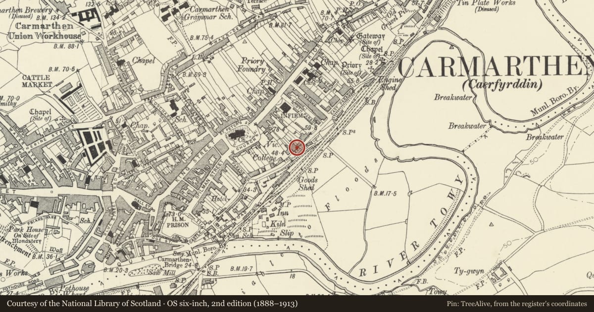 Ordnance Survey six-inch map, 2nd edition (1888–1913) covering the location of No 7 including railings and gate, Carmarthen, Carmarthenshire, with a pin at the register's coordinates